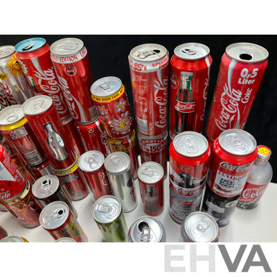 Collection of Vintage Commemorative and Collectable Coca Cola Cans Including Scatman John, Lineage 4, Athens 2004 Plush Bear in Can, 500ml Steel Can and More