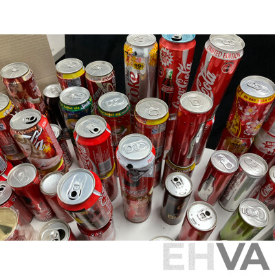 Collection of Vintage Commemorative and Collectable Coca Cola Cans Including Scatman John, Lineage 4, Athens 2004 Plush Bear in Can, 500ml Steel Can and More