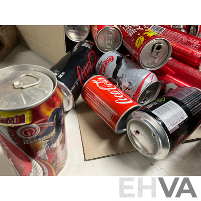 Collection of Vintage Commemorative and Collectable Coca Cola Cans Including Scatman John, Lineage 4, Athens 2004 Plush Bear in Can, 500ml Steel Can and More