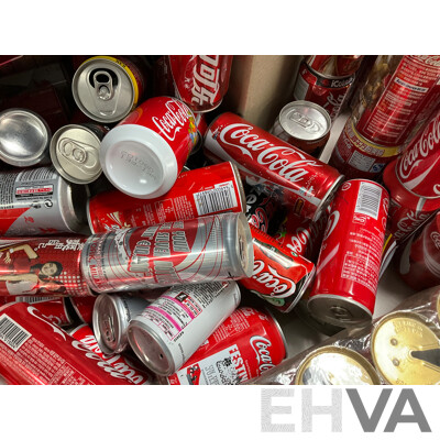 Collection of Vintage Commemorative and Collectable Coca Cola Cans Including Scatman John, Lineage 4, Athens 2004 Plush Bear in Can, 500ml Steel Can and More