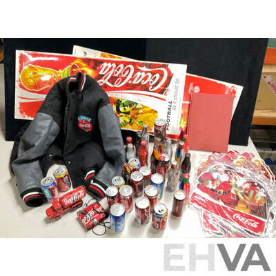 Collection of Coca Cola Items Including 1990's Always Coca Cola Jacket, Collectable Cans and Bottles, Bag and Truck Made From Cans, Retail Signs Including World Cup and Christmas