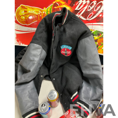 Collection of Coca Cola Items Including 1990's Always Coca Cola Jacket, Collectable Cans and Bottles, Bag and Truck Made From Cans, Retail Signs Including World Cup and Christmas