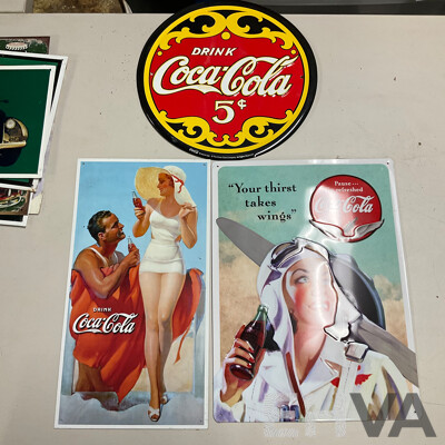 Ten Coca Cola Steel Advertisement Signs Including ''Your Thirst Takes Wings'' and Delicious and Refreshing