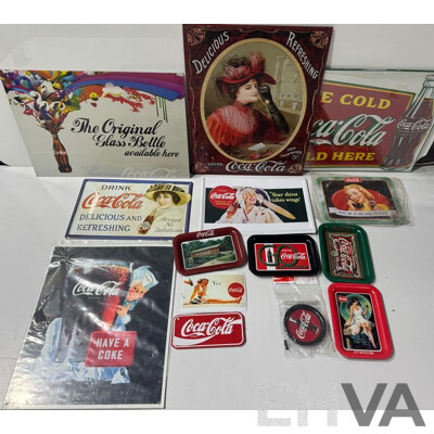 Collection of Coca Cola Steel Advertisement Signs, Plates and Coasters Including Have a Coke and Meet Me at the Soda Fountain