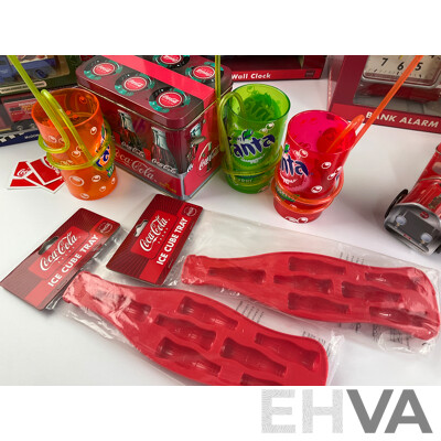 Assortment of Coca Cola Items Including Moulded Wall Clock, Bank Alarm Clock, Diecast Vehicles, Tins, Cups, Collector and Cooking Books