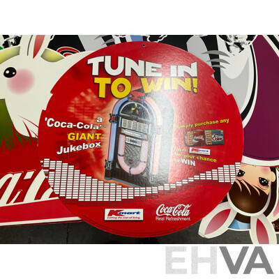 Assortment of Large Coca Cola Pomotional Retail Signs and Stickers Including Easter, Christmas, State of Origin and More, Retailers K-Mart, McDonalds, IGA