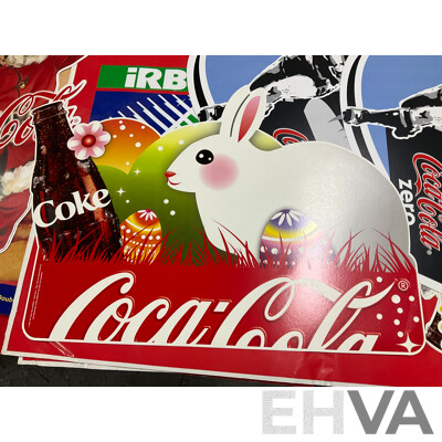 Assortment of Large Coca Cola Pomotional Retail Signs and Stickers Including Easter, Christmas, State of Origin and More, Retailers K-Mart, McDonalds, IGA