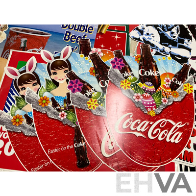 Assortment of Large Coca Cola Pomotional Retail Signs and Stickers Including Easter, Christmas, State of Origin and More, Retailers K-Mart, McDonalds, IGA