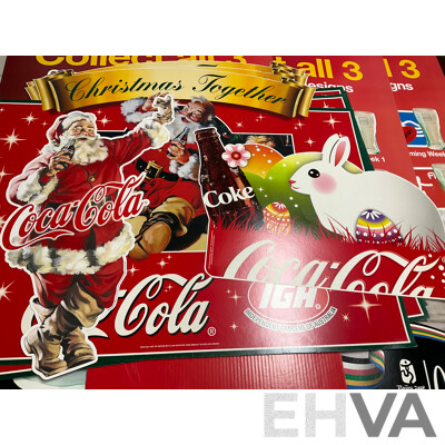 Assortment of Large Coca Cola Pomotional Retail Signs and Stickers Including Easter, Christmas, State of Origin and More, Retailers K-Mart, McDonalds, IGA