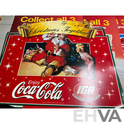 Assortment of Large Coca Cola Pomotional Retail Signs and Stickers Including Easter, Christmas, State of Origin and More, Retailers K-Mart, McDonalds, IGA