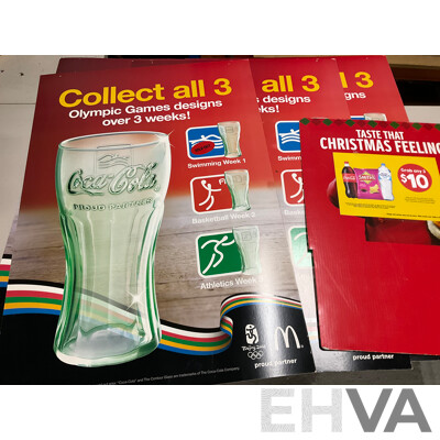 Assortment of Large Coca Cola Pomotional Retail Signs and Stickers Including Easter, Christmas, State of Origin and More, Retailers K-Mart, McDonalds, IGA