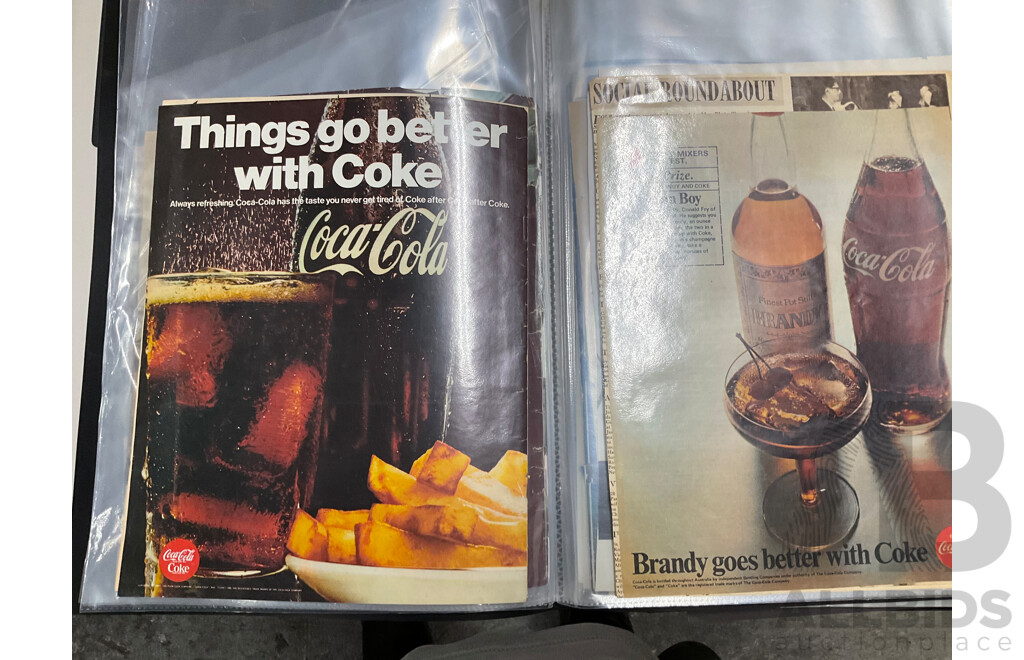 Four Albums of Coca Cola 1960's Magazine Advertisements, Retail Promotion Signs, Bottle Labels and More