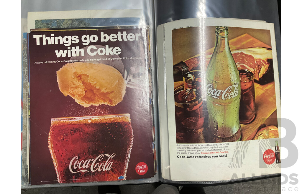 Four Albums of Coca Cola 1960's Magazine Advertisements, Retail Promotion Signs, Bottle Labels and More