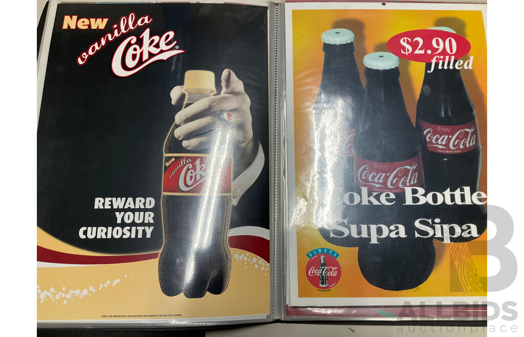 Four Albums of Coca Cola 1960's Magazine Advertisements, Retail Promotion Signs, Bottle Labels and More