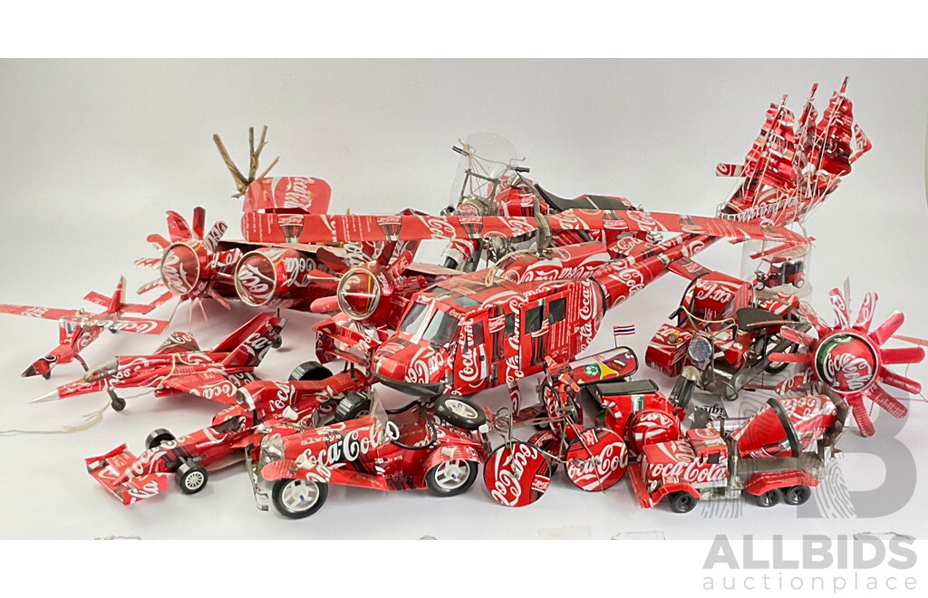 Large Collection of Vehicles and Items Made From Coca Cola Cans Including Planes, Cars, Train, Truck, Bikes, Boat, Helicopter and Outhouse