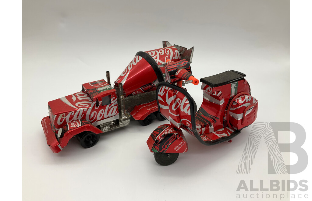 Large Collection of Vehicles and Items Made From Coca Cola Cans Including Planes, Cars, Train, Truck, Bikes, Boat, Helicopter and Outhouse