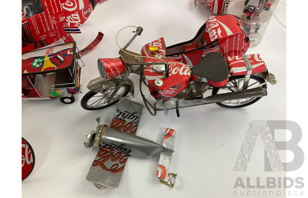 Large Collection of Vehicles and Items Made From Coca Cola Cans Including Planes, Cars, Train, Truck, Bikes, Boat, Helicopter and Outhouse