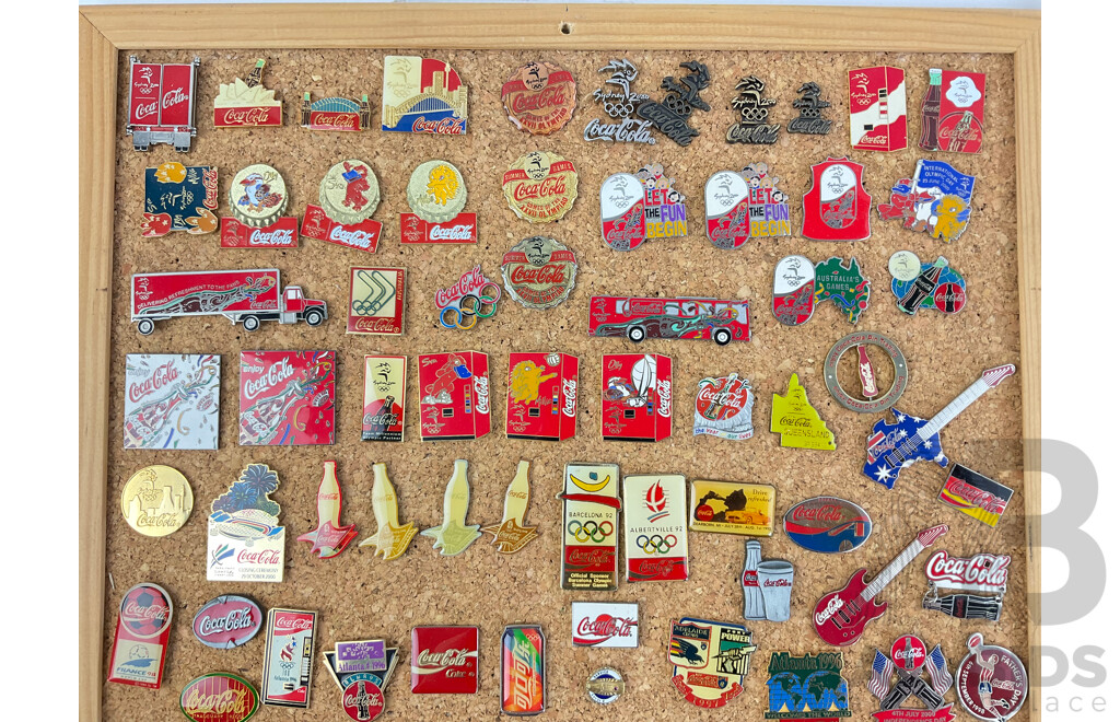 Collection of 1980's 90's and 2000's Coca Cola Lapel Pins Including Sarajevo 1984, Louisiana World Exposition 1984, Atlanta 1996, Independence Day 2000 and More