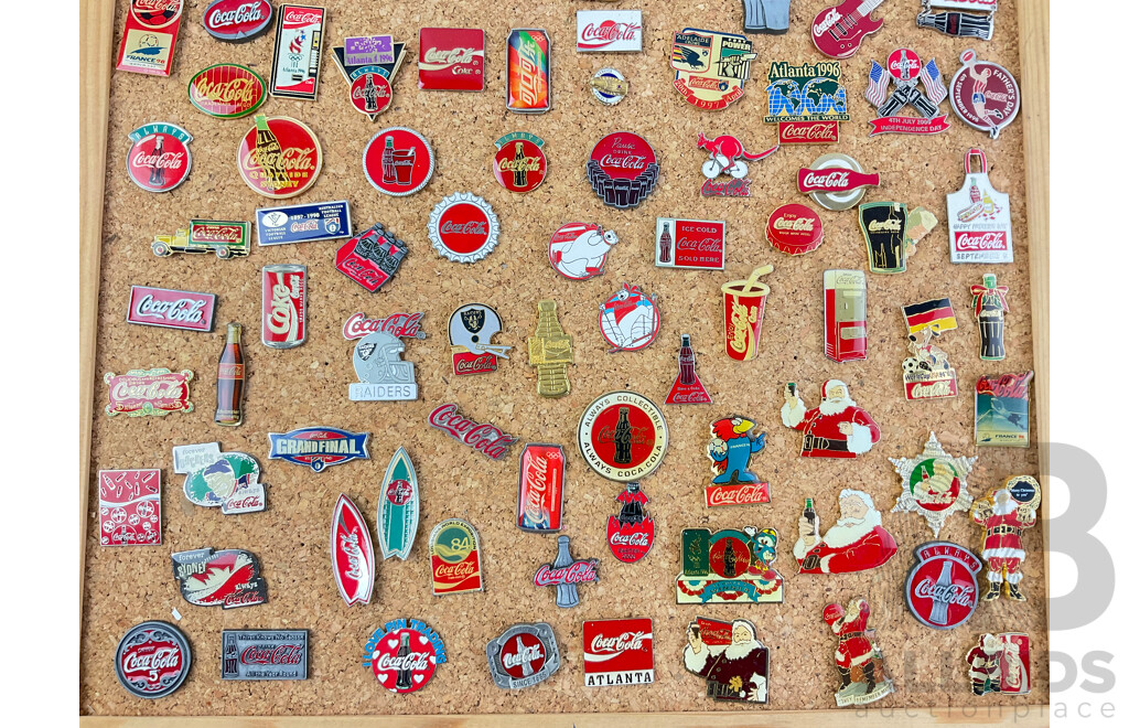 Collection of 1980's 90's and 2000's Coca Cola Lapel Pins Including Sarajevo 1984, Louisiana World Exposition 1984, Atlanta 1996, Independence Day 2000 and More