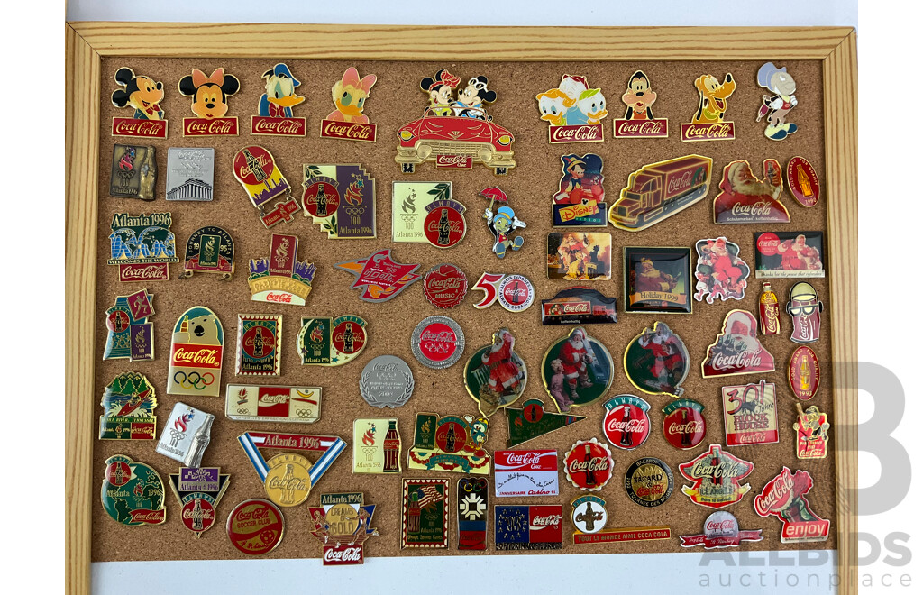 Collection of 1980's 90's and 2000's Coca Cola Lapel Pins Including Sarajevo 1984, Louisiana World Exposition 1984, Atlanta 1996, Independence Day 2000 and More