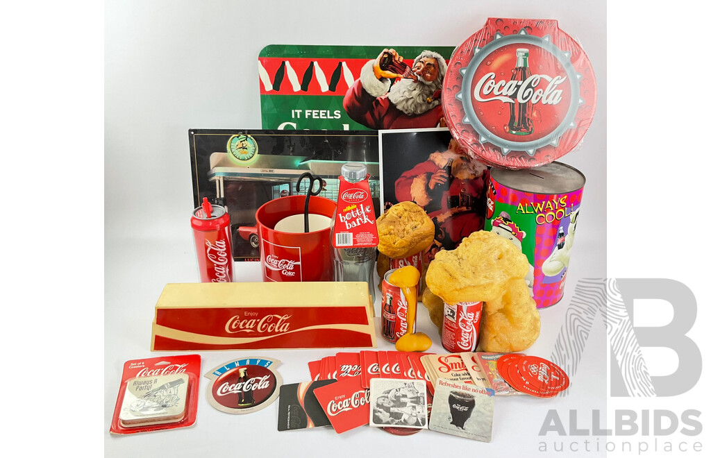 Collection of Coca Cola Merchandise Including Novelty Frothing Coke Cans, Retail and Tin Signs, Coasters, Money Boxes and Art Pack