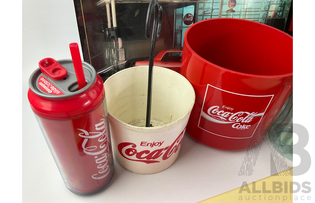 Collection of Coca Cola Merchandise Including Novelty Frothing Coke Cans, Retail and Tin Signs, Coasters, Money Boxes and Art Pack