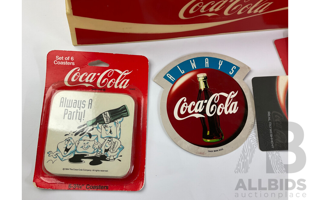 Collection of Coca Cola Merchandise Including Novelty Frothing Coke Cans, Retail and Tin Signs, Coasters, Money Boxes and Art Pack