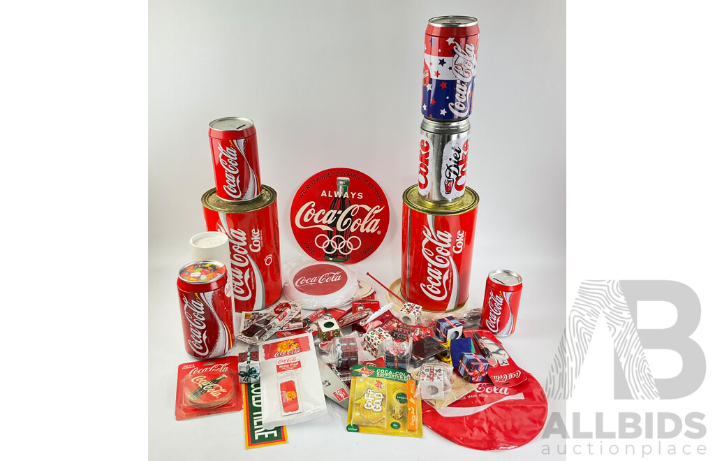 Coca Cola Merchandise Including Vintage Money Tins, Pens, Coasters, Frisbee, Playing Cards, Lip Smackers