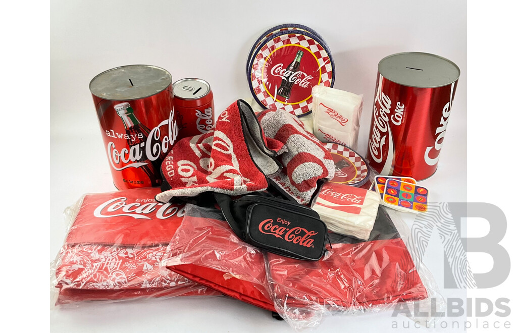 Collection of Coca Cola Beach Bags, Satchel Bag, Bum Bag, Bar Towels, Money Tins, Napkins, Coasters and Plates