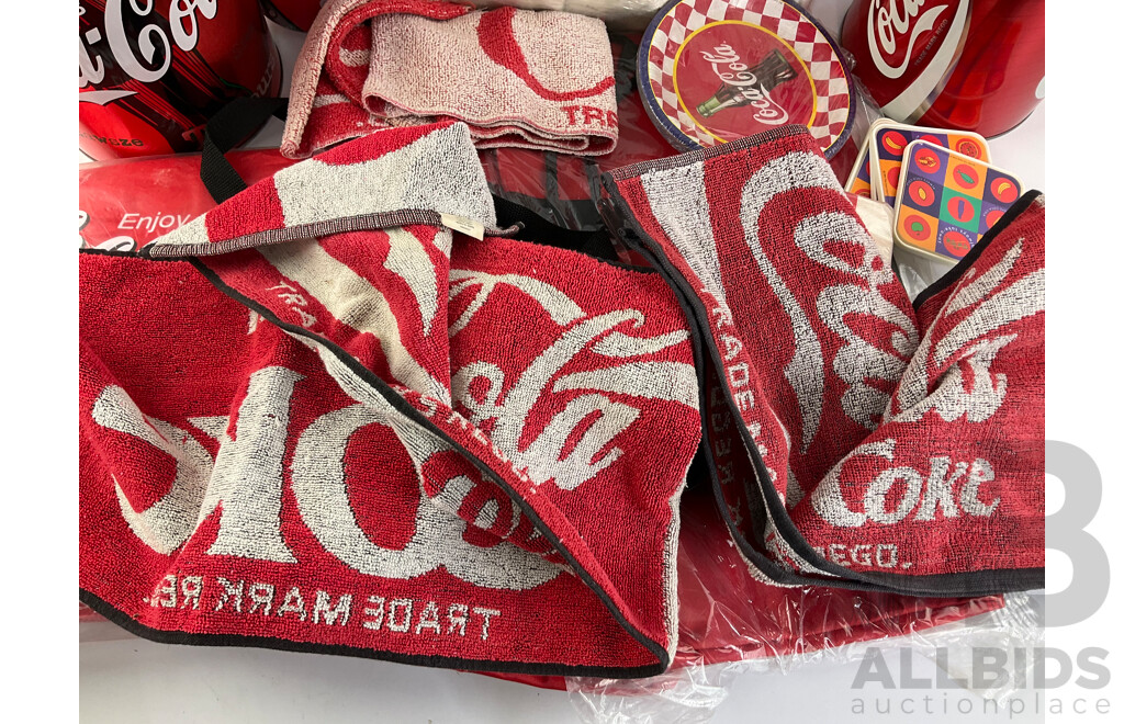 Collection of Coca Cola Beach Bags, Satchel Bag, Bum Bag, Bar Towels, Money Tins, Napkins, Coasters and Plates