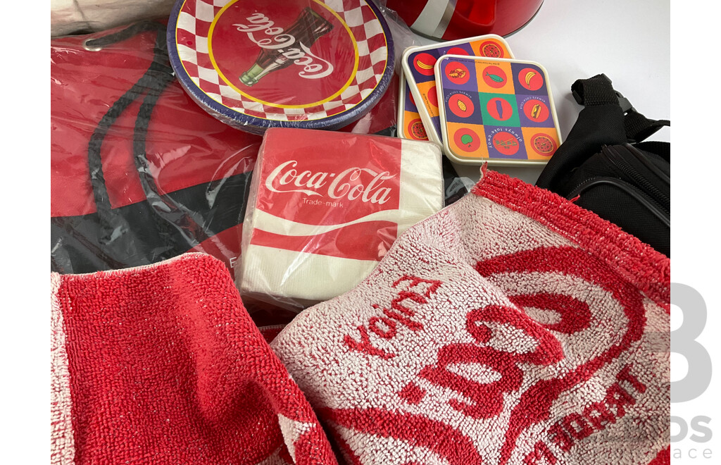 Collection of Coca Cola Beach Bags, Satchel Bag, Bum Bag, Bar Towels, Money Tins, Napkins, Coasters and Plates