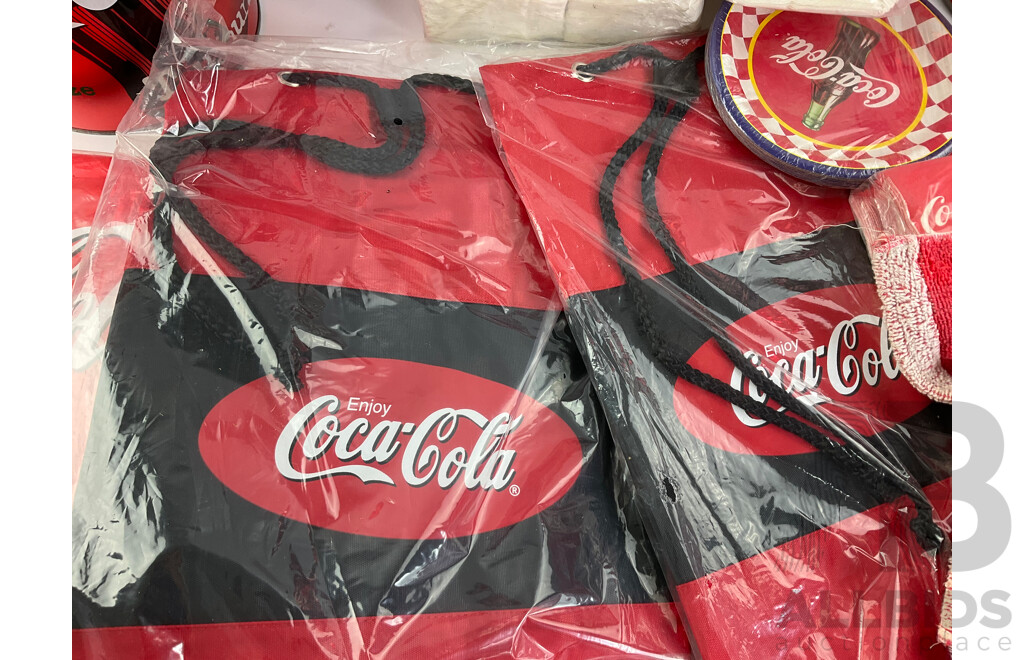 Collection of Coca Cola Beach Bags, Satchel Bag, Bum Bag, Bar Towels, Money Tins, Napkins, Coasters and Plates