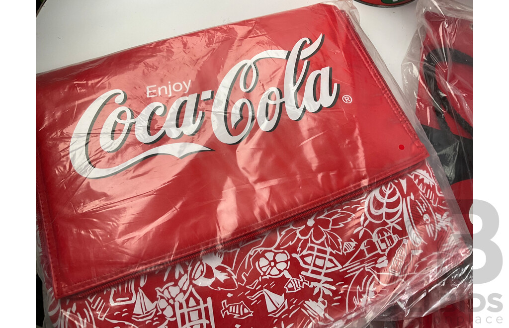 Collection of Coca Cola Beach Bags, Satchel Bag, Bum Bag, Bar Towels, Money Tins, Napkins, Coasters and Plates