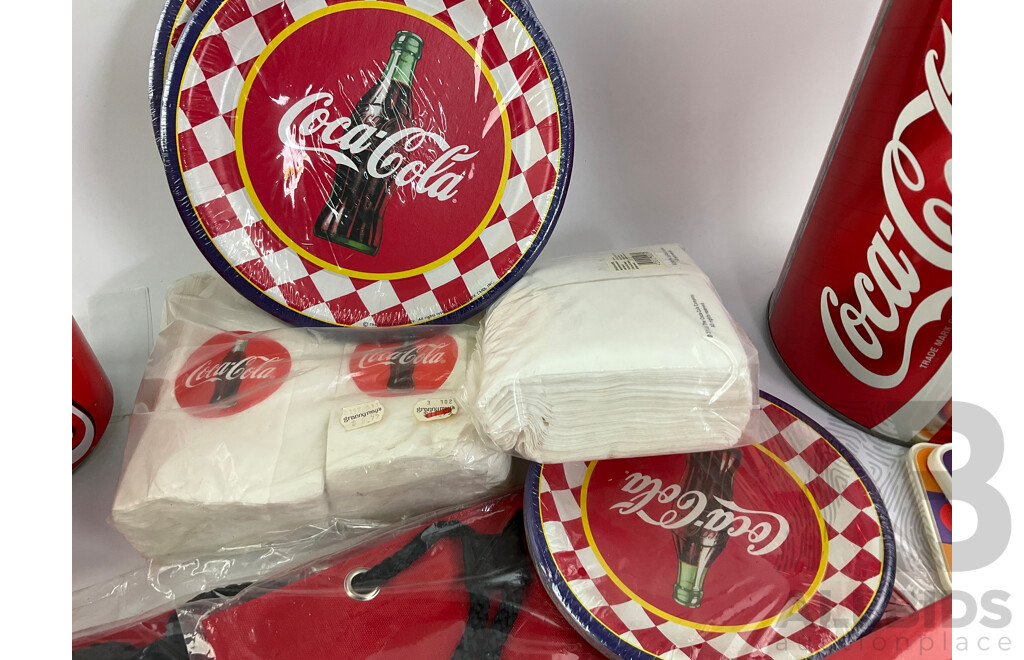 Collection of Coca Cola Beach Bags, Satchel Bag, Bum Bag, Bar Towels, Money Tins, Napkins, Coasters and Plates