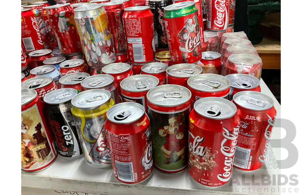 Collection of International and Commemorative Coca Cola Cans, Steel and Aluminium Including Christmas and Olympics