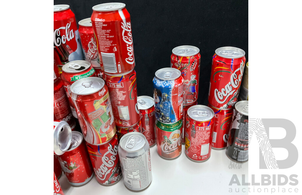 Collection of International and Commemorative Coca Cola Cans, Steel and Aluminium Including Christmas and Olympics