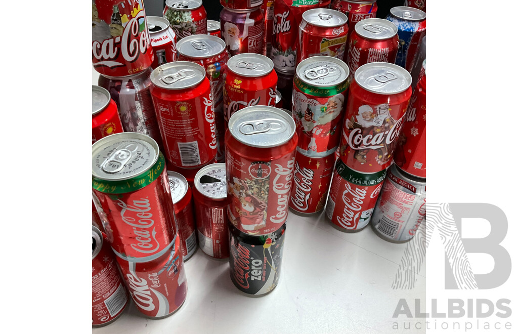 Collection of International and Commemorative Coca Cola Cans, Steel and Aluminium Including Christmas and Olympics