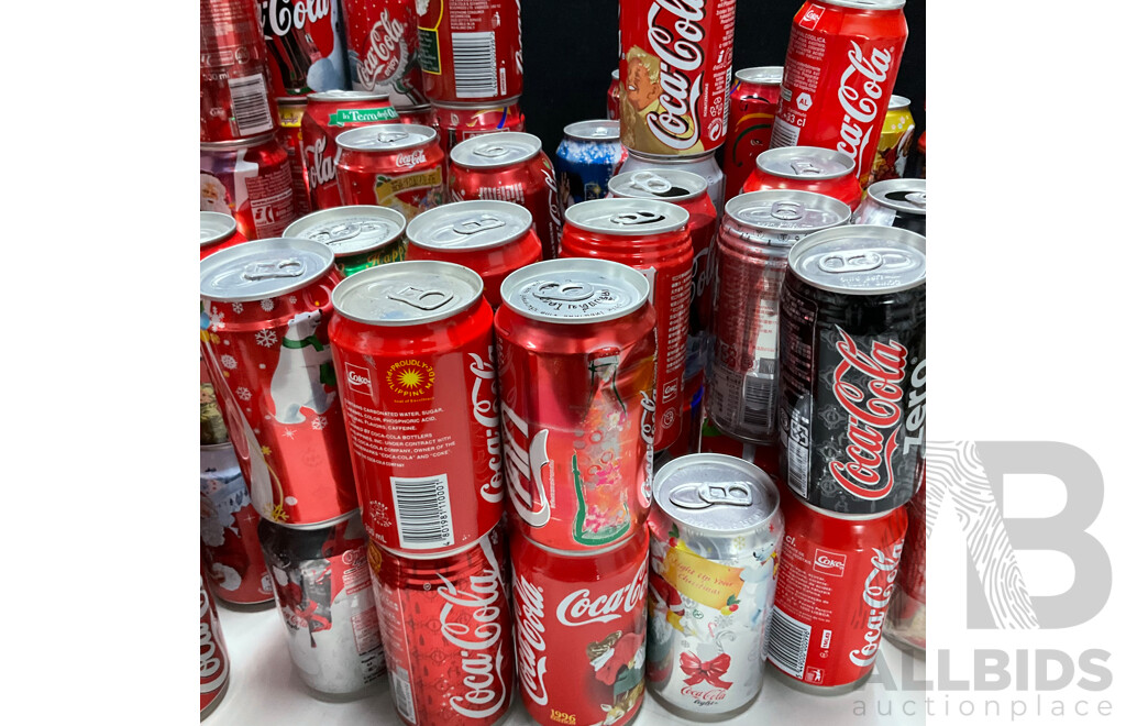 Collection of International and Commemorative Coca Cola Cans, Steel and Aluminium Including Christmas and Olympics