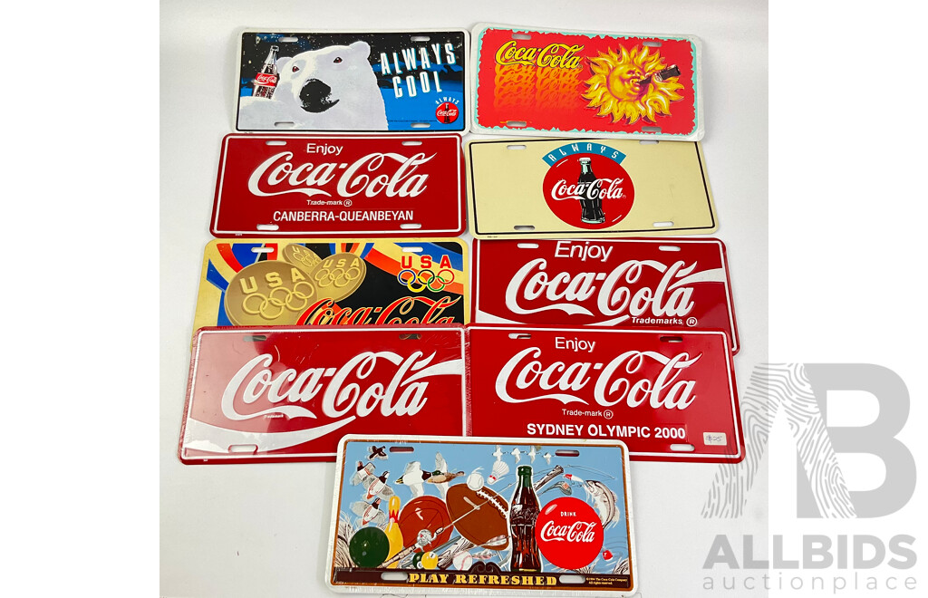 Collection of Vintage Coca Cola Number Plates Including Canberra-Queanbeyan, 1996 Atlanta Olympics, 1990's Always Cool, Sydney Olympics