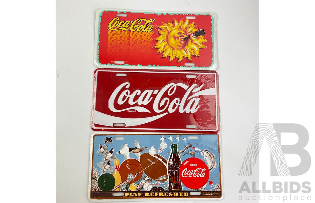 Collection of Vintage Coca Cola Number Plates Including Canberra-Queanbeyan, 1996 Atlanta Olympics, 1990's Always Cool, Sydney Olympics