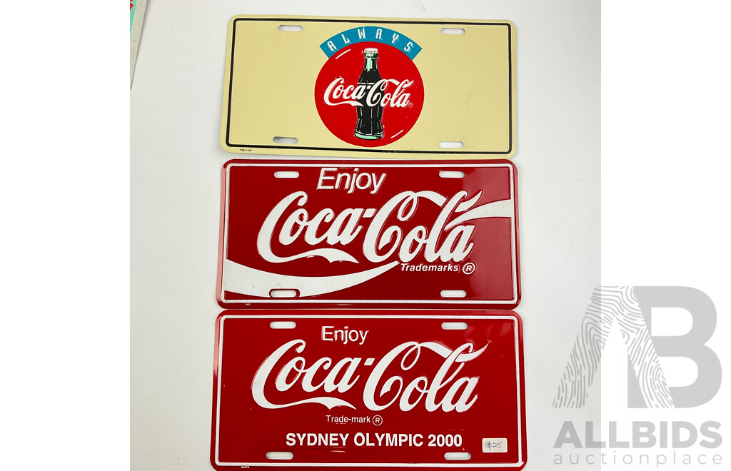 Collection of Vintage Coca Cola Number Plates Including Canberra-Queanbeyan, 1996 Atlanta Olympics, 1990's Always Cool, Sydney Olympics