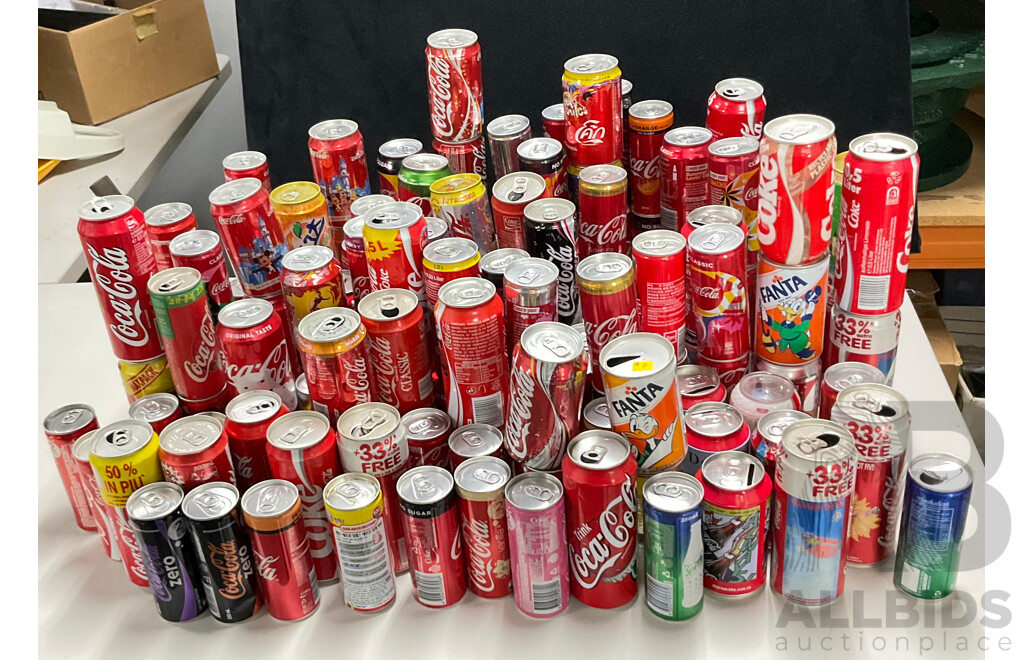 Collection of International and Commemorative Coca Cola/Fanta/Sprite Cans and Money Boxes, Aluminium, Steel and Plastic Including Classic, Christmas, Summer, Olympics