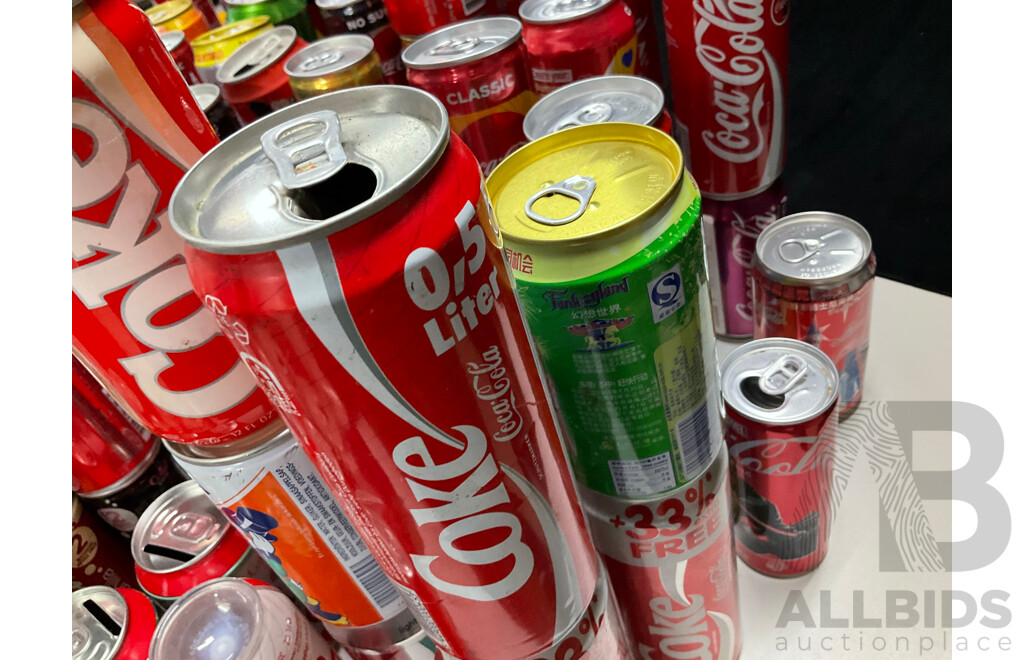 Collection of International and Commemorative Coca Cola/Fanta/Sprite Cans and Money Boxes, Aluminium, Steel and Plastic Including Classic, Christmas, Summer, Olympics