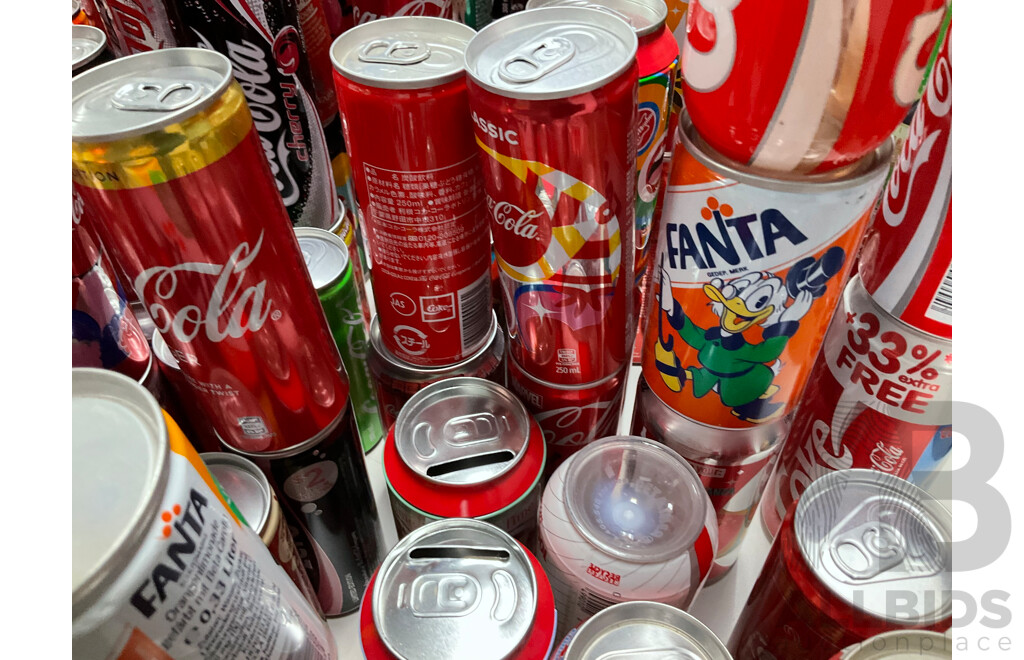 Collection of International and Commemorative Coca Cola/Fanta/Sprite Cans and Money Boxes, Aluminium, Steel and Plastic Including Classic, Christmas, Summer, Olympics