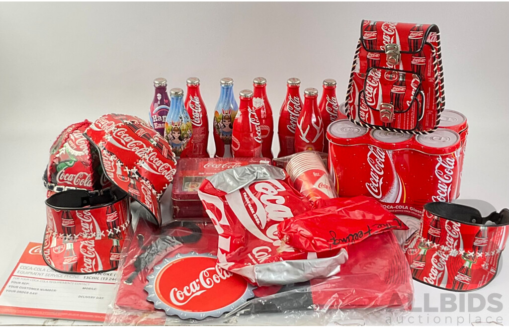 Collection of Coca Cola Items Including Up-cycled Can Hats and Bag, Commemorative Bottles, Drinking Glasses, Beach Bag and Dominoes