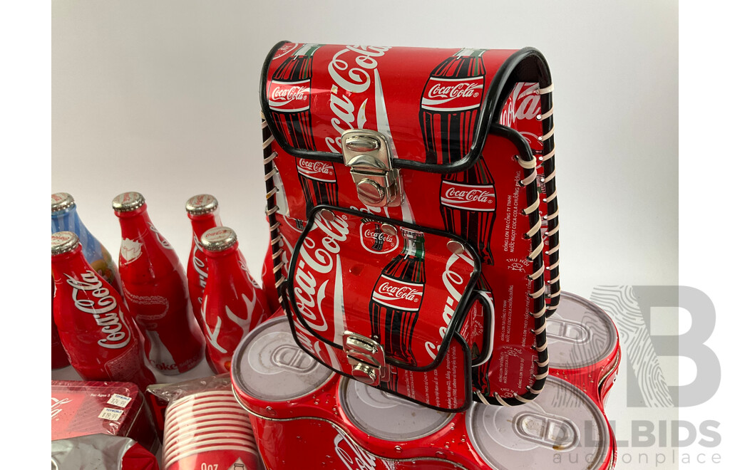 Collection of Coca Cola Items Including Up-cycled Can Hats and Bag, Commemorative Bottles, Drinking Glasses, Beach Bag and Dominoes