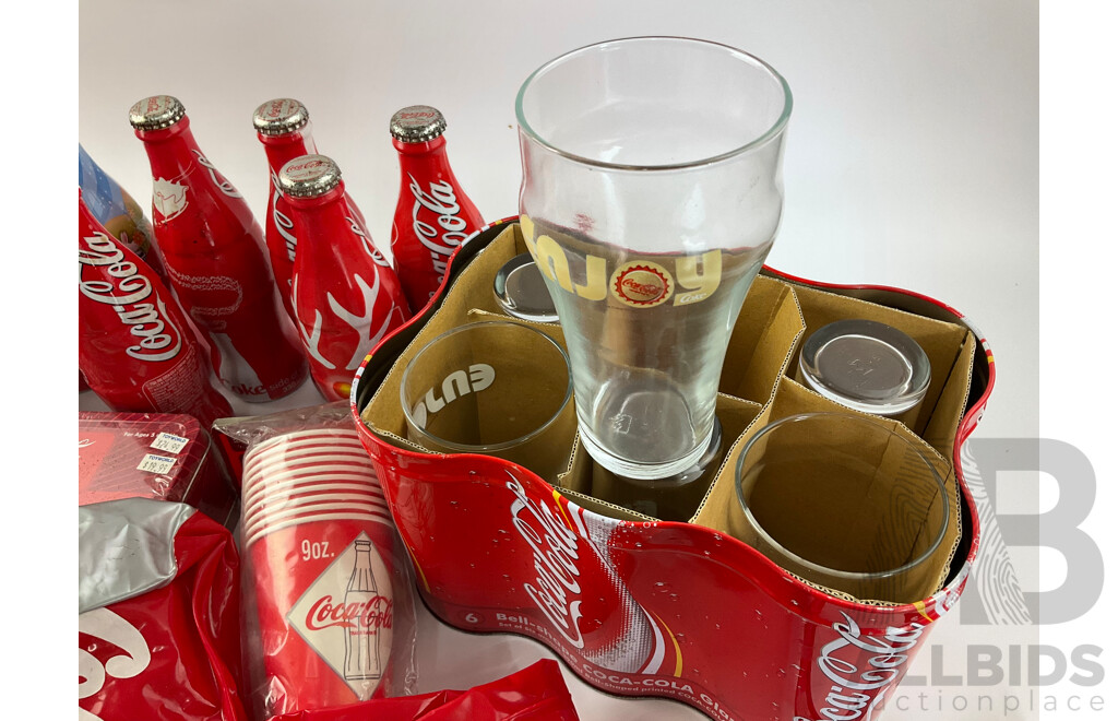 Collection of Coca Cola Items Including Up-cycled Can Hats and Bag, Commemorative Bottles, Drinking Glasses, Beach Bag and Dominoes