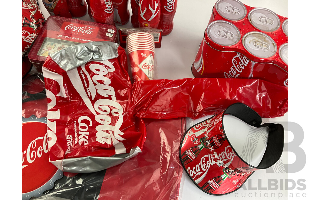 Collection of Coca Cola Items Including Up-cycled Can Hats and Bag, Commemorative Bottles, Drinking Glasses, Beach Bag and Dominoes