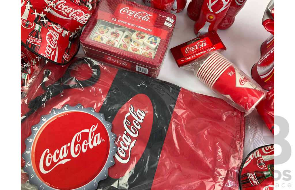 Collection of Coca Cola Items Including Up-cycled Can Hats and Bag, Commemorative Bottles, Drinking Glasses, Beach Bag and Dominoes