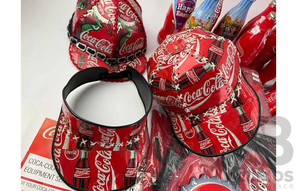 Collection of Coca Cola Items Including Up-cycled Can Hats and Bag, Commemorative Bottles, Drinking Glasses, Beach Bag and Dominoes